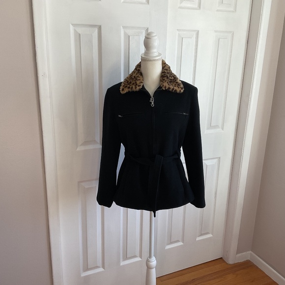 Women’s Jason Kole Waist Length Belted Wool Jacket with Animal Print Fur Collar - Picture 1 of 14